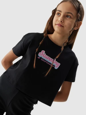 T-shirt crop top z bawełny organicznej dziewczęcy - czarny 4F