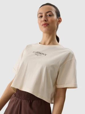 T-shirt crop top z nadrukiem damski - kremowy 4F