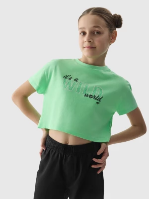T-shirt crop-top z nadrukiem dziewczęcy - zielony 4F