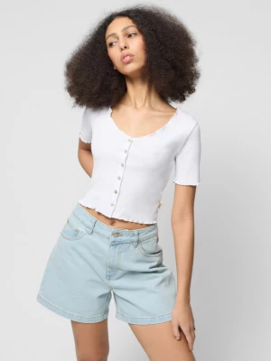 T-shirt crop w prążki damski - biały OUTHORN