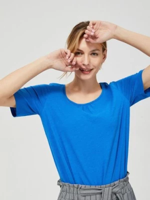 T-shirt damski bawełniany z kokardkami na rękawach- niebieski Moodo