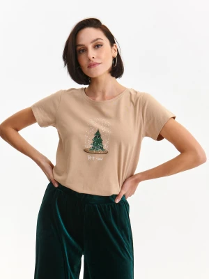T-shirt damski beżowy - SPO6097BE t-shirt krótki rękaw - TOP SECRET - Odzieżowy sklep internetowy TOP SECRET