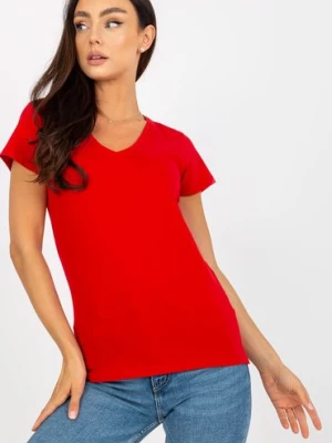 T-shirt damski dzianinowy czerwony BASIC FEEL GOOD