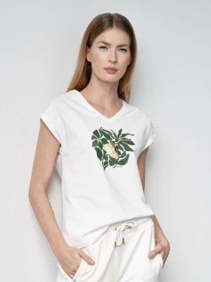 T-shirt damski kremowy z kwiatowym printem OCHNIK