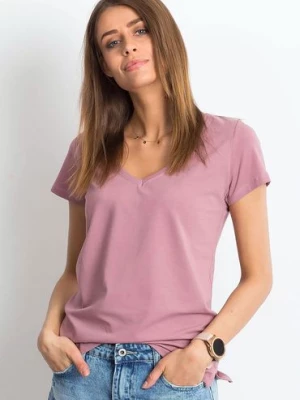 T-shirt damski w serek- brudnoróżowy BASIC FEEL GOOD