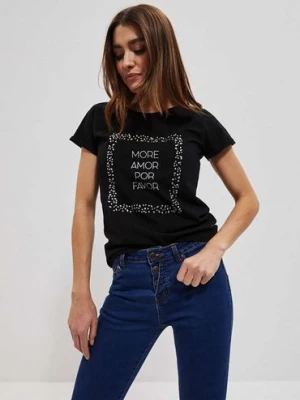 T-shirt damski z błyszczącymi cyrkoniami czarny Moodo