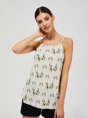 T-shirt damski z cienkimi ramiączkami w kwiaty - beżowy Moodo