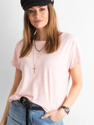 T-shirt damski z dekoltem z tyłu- różowy BASIC FEEL GOOD