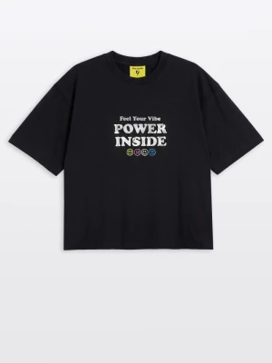 T-shirt dziewczęcy boxy, z grafiką z przodu, czarny Reporter