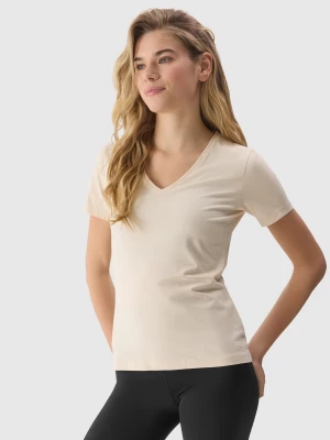 T-shirt gładki z bawełną organiczną damski - kremowy 4F