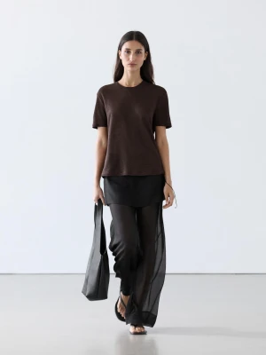 Koszulka Ze 100% Lnu Z Krótkim Rękawem - Brązowy - - Massimo Dutti - Kobieta