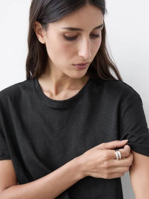 T-Shirt Lniany Z Krótkim Rękawem - Czarny - - Massimo Dutti - Kobieta