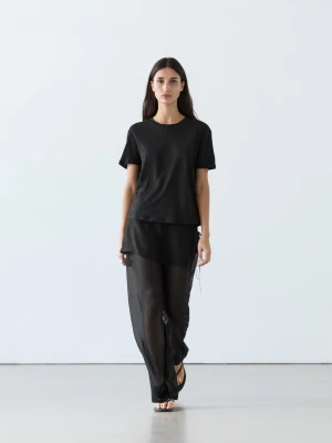 Koszulka Ze 100% Lnu Z Krótkim Rękawem - Czarny - - Massimo Dutti - Kobieta