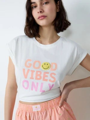 Bawełniany t-shirt z krótkim rękawem 'good vibes only' smiley®originals Etam
