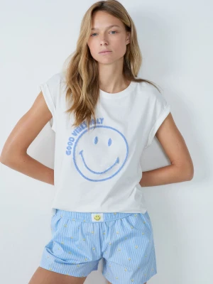 Bawełniany t-shirt z krótkim rękawem 'good vibes only' smiley®originals Etam