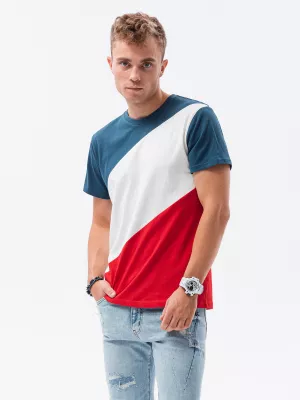 T-shirt męski bawełniany trzykolorowy - niebiesko/czerwony V6 S1627
 -                                    L