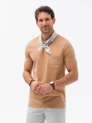 T-shirt męski bawełniany z nadrukiem na kieszonce - jasnobrązowy V6 S1742
 -                                    L