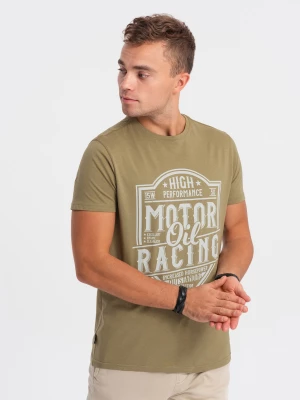 T-shirt męski bawełniany z nadrukiem - oliwkowy V2 S1735
 -                                    S