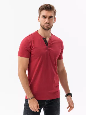 T-shirt męski bez nadruku z guzikami - czerwony melanż V1 S1390
 -                                    L