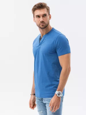 T-shirt męski bez nadruku z guzikami - niebieski melanż V2 S1390
 -                                    L