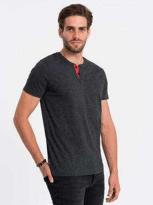 T-shirt męski bez nadruku z guzikami - czarny melanż V4 S1390
 -                                    XXL