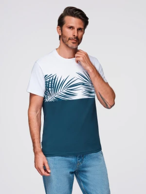 T-shirt meski dwukolorowy z nadrukiem w liście palmy - ciemnoniebieski V1 - Rozmiar: XL Ombre Clothing