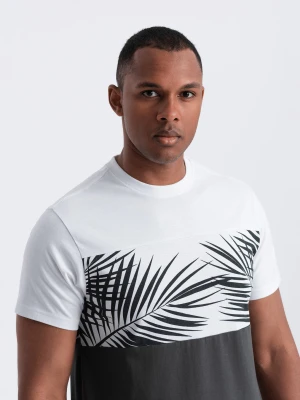 T-shirt meski dwukolorowy z nadrukiem w liście palmy - grafitowy V2 Ombre Clothing