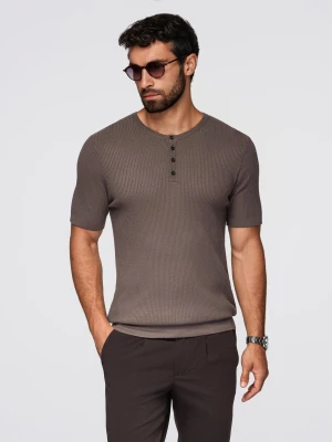 T-shirt męski dzianinowy z guzikami przy dekolcie – popielaty V4 Ombre Clothing
