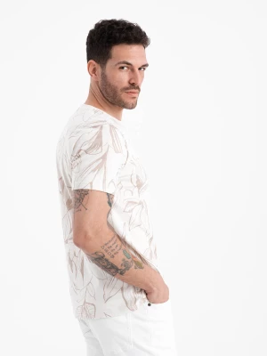 T-shirt męski fullprint w kontrastowe liście - jasnobeżowy V1 OM-TSFP-0180
 -                                    L Ombre