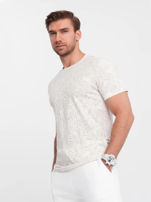 T-shirt męski fullprint w liście palmy - jasnobeżowy V1 Ombre Clothing