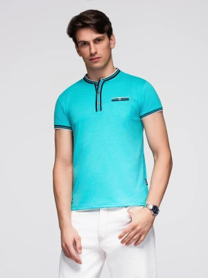 Zdjęcie produktu T-shirt męski henley ozdobnymi ściągaczami - turkusowy V7 - Rozmiar: M Ombre Clothing