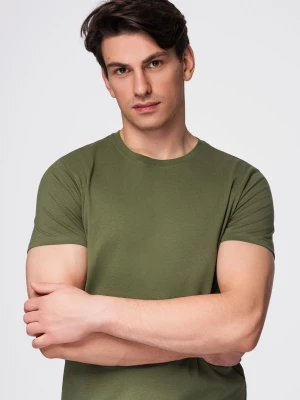 T-shirt męski klasyczny bawełniany BASIC - khaki V6 - Rozmiar: L Ombre Clothing