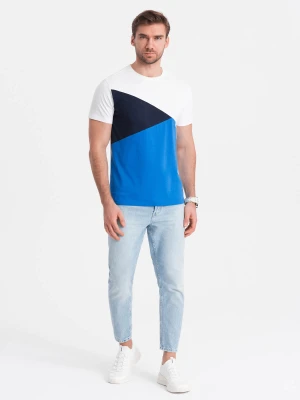 Zdjęcie produktu T-shirt męski trójkolorowy bawełniany - biało-niebieski V4 - Rozmiar: L Ombre Clothing