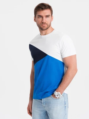 Zdjęcie produktu T-shirt męski trójkolorowy bawełniany - biało-niebieski V4 - Rozmiar: L Ombre Clothing