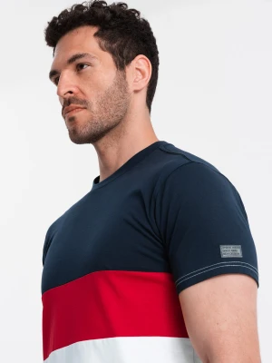 Zdjęcie produktu T-shirt męski trójkolorowy w szerokie pasy - granatowo-biały V1 - Rozmiar: XXL Ombre Clothing