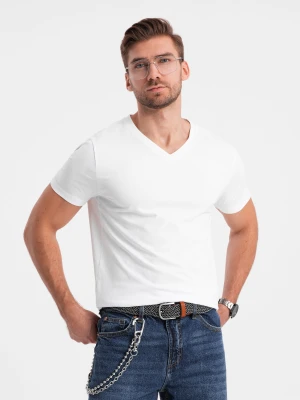 T-shirt męski V-NECK z elastanem - biały V1 - Rozmiar: L Ombre Clothing