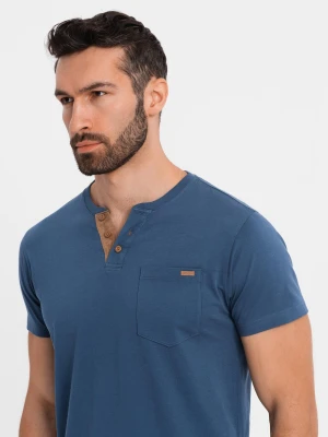 T-shirt męski z dekoltem na guziki i zamszowym wykończeniem – ciemnoniebieski V2 Ombre Clothing