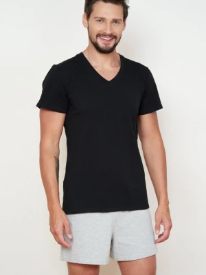 T shirt męski z dekoltem w serek - czarny bez nadruku Bohomoss - Luxurious Design