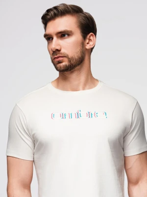 T-shirt męski z haftem na klatce piersiowej – biały V2 - Rozmiar: S Ombre Clothing