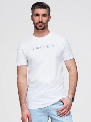 T-shirt męski z haftem na klatce piersiowej – biały V2 - Rozmiar: XXL Ombre Clothing