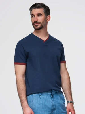 T-shirt męski z kontrastowymi wstawkami i dekoltem w serek – granatowy V1 - Rozmiar: S Ombre Clothing