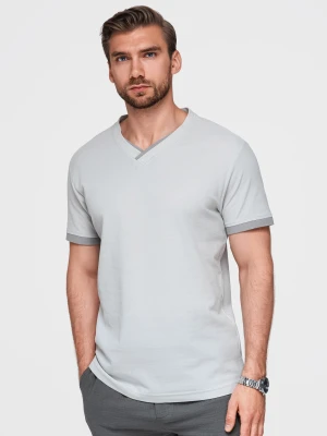 T-shirt męski z kontrastowymi wstawkami i dekoltem w serek – jasnoszary V4 - Rozmiar: XXL Ombre Clothing