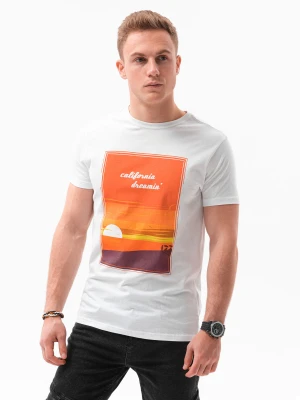 T-shirt męski z nadrukiem - biały V-1A - Rozmiar: XXL Ombre Clothing
