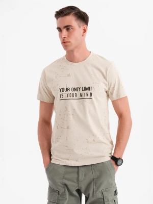 T-shirt męski z nadrukiem i okrągłym dekoltem – kremowy V2 - Rozmiar: M Ombre Clothing