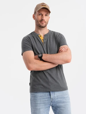 T-shirt męski z okrągłym rozpinanym dekoltem henley – grafitowy V6 - Rozmiar: L Ombre Clothing