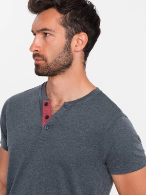 T-shirt męski z rozpinanym okrągłym dekoltem henley – granatowy V5 - Rozmiar: M Ombre Clothing
