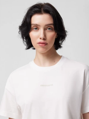T-shirt o kroju boxy z nadrukiem damski - złamana biel OUTHORN