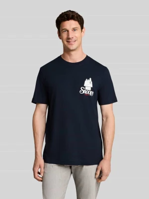 t-shirt o kroju regular fit z czystej bawełny z nadruk peanuts® Tom Tailor Granatowy