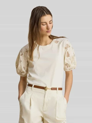 t-shirt o kroju relaxed fit z czystej bawełny z rękawami z ażurowej koronki Lauren Ralph Lauren Piaskowy
