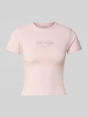 t-shirt o kroju slim fit z obszyciem z kamieni stras model 'Heart Baby' Guess Jasnoróżowy